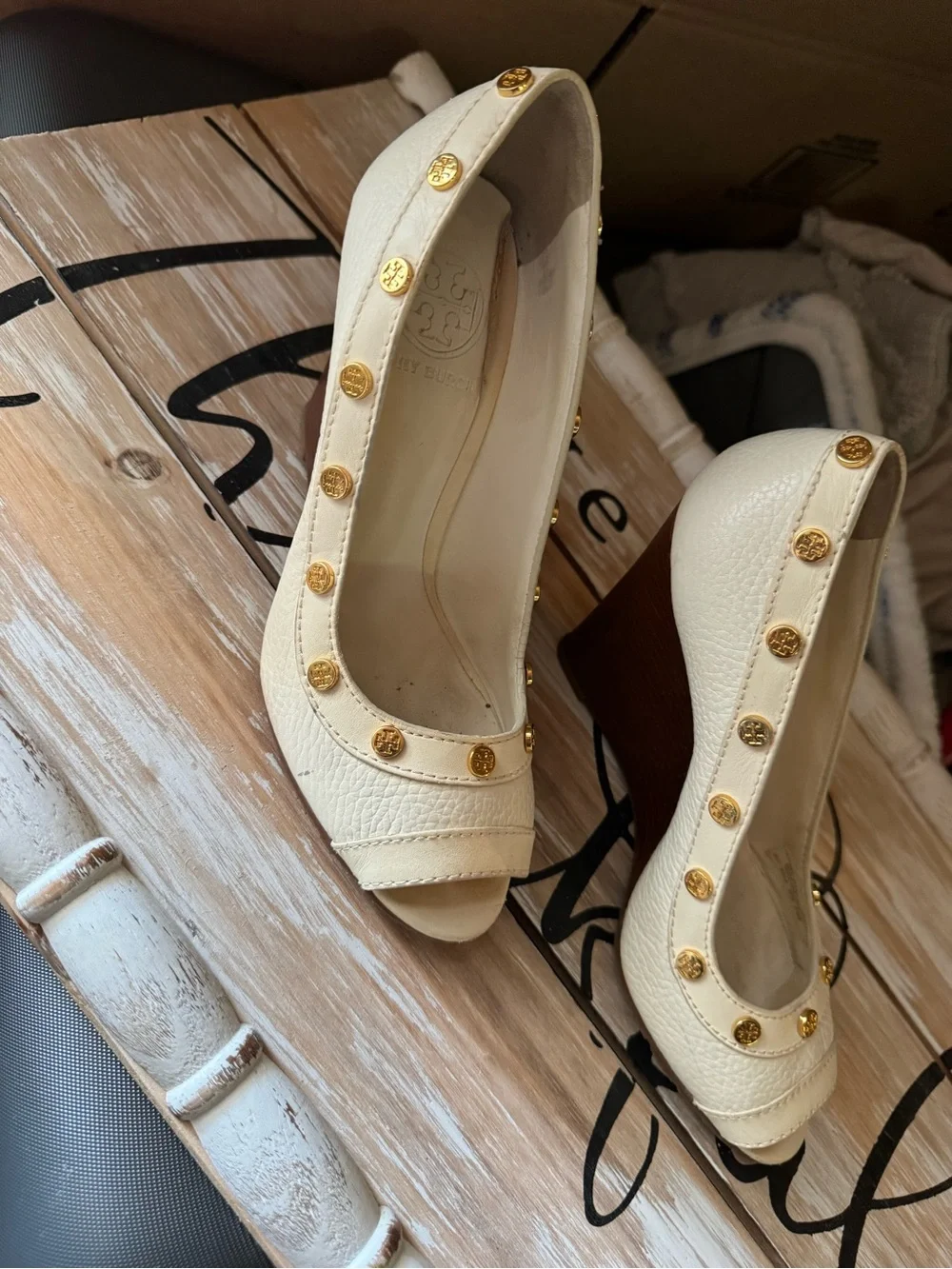 Tory Burch White Leather Peep-Toe Wedges with Gold Studs